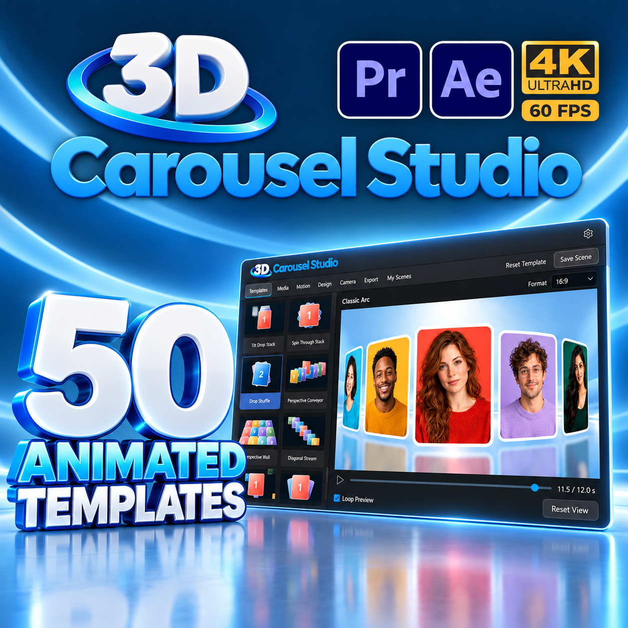 50 animated templates in 3D Carousel Studio