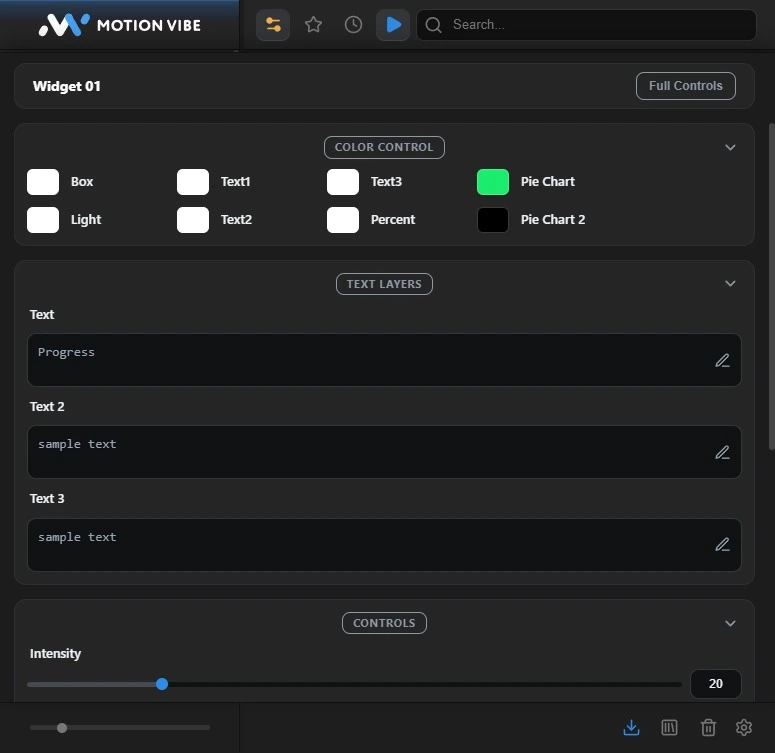 MotionVibe Panel Settings — Color Control, Text Layers, and Intensity Controls